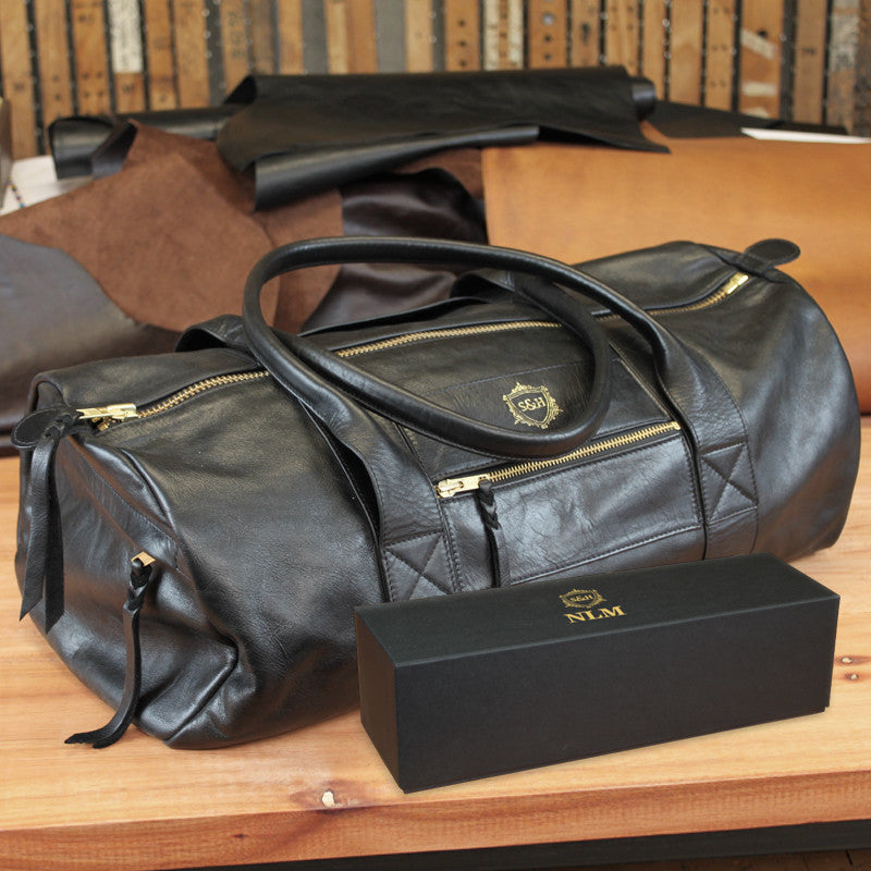 Black Leather Duffle - Swagger & Hide | Our leather luggage accessories and leather travel bags make the perfect gift for him!  All of our products are handcrafted and personalised.
