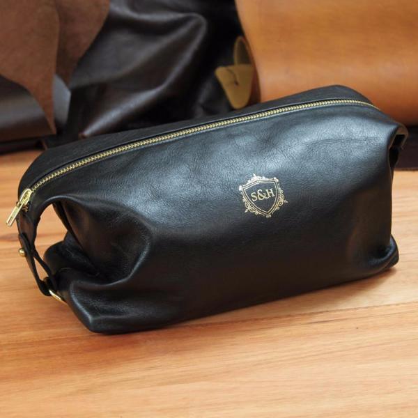 Black Leather Wash Bag - Swagger & Hide | Our leather luggage accessories and leather travel bags make the perfect gift for him!  All of our products are handcrafted and personalised.