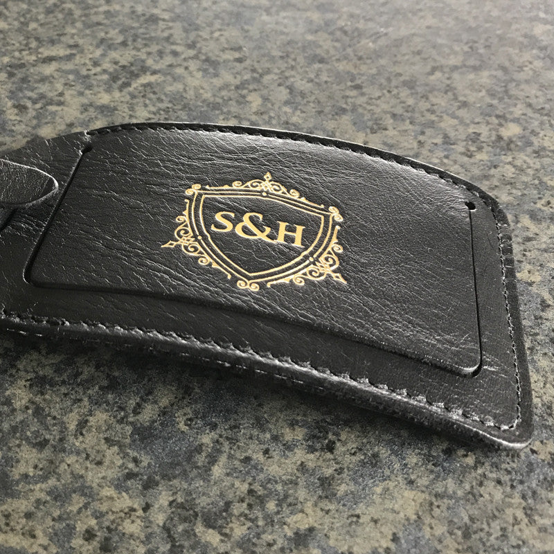 Black Leather Luggage Tags - Swagger & Hide | Our leather luggage accessories and leather travel bags make the perfect gift for him!  All of our products are handcrafted and personalised.